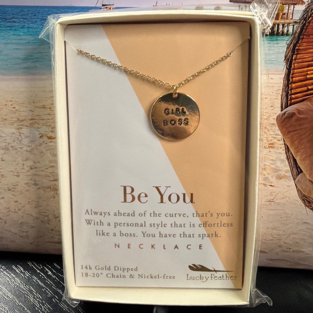 Girl Boss Lucky Feather Be You Necklace 14k Gold Dipped 18-20" Disc Pendant NIB